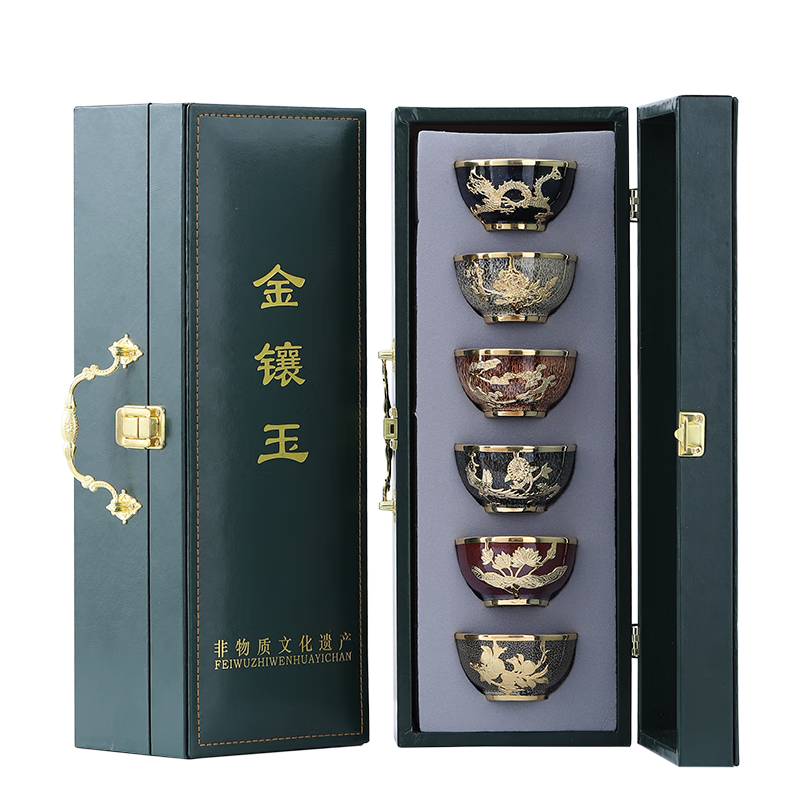 康樂品 鈞窯建盞茶杯套裝鑲金功夫茶具高檔陶瓷品茗杯小號(hào)茶碗杯禮盒裝 金鑲玉-如意杯6色杯60ml