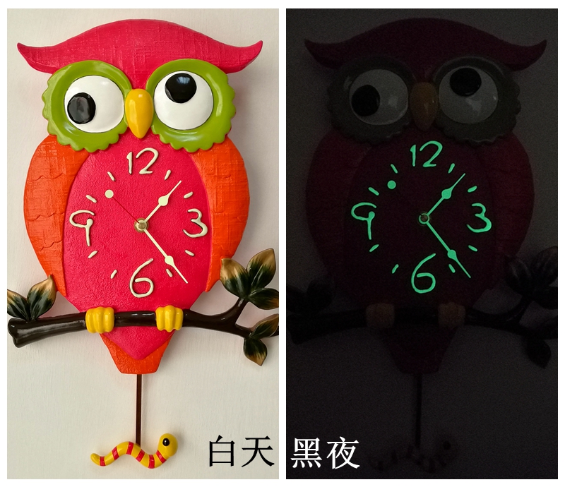 创意彩色猫头鹰挂钟时尚客厅静音时钟个性儿童房夜光钟表 红色钟面款