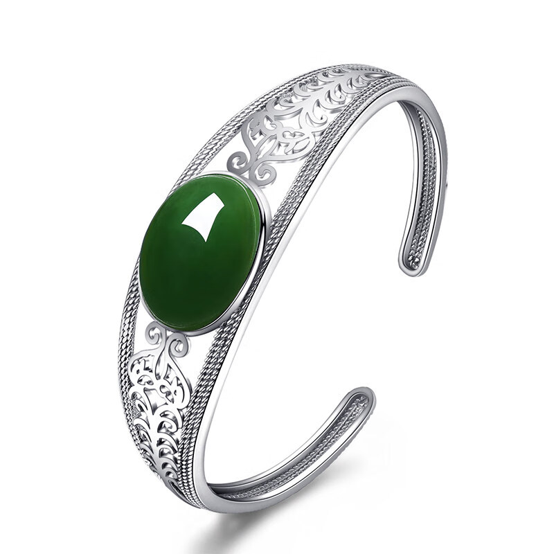 玉旺轩 碧玉手链s925银镶绿玉髓开口镂空花纹翡翠.