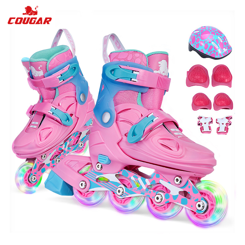 美洲狮(COUGAR) 溜冰鞋儿童套装 可调轮滑鞋MZS885粉色S码