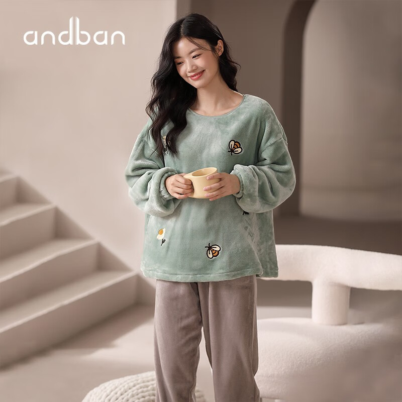 安之伴睡衣女秋冬法兰绒长袖套头圆领卡通多色保暖舒适可外穿家居服套装 绿松石兰 L