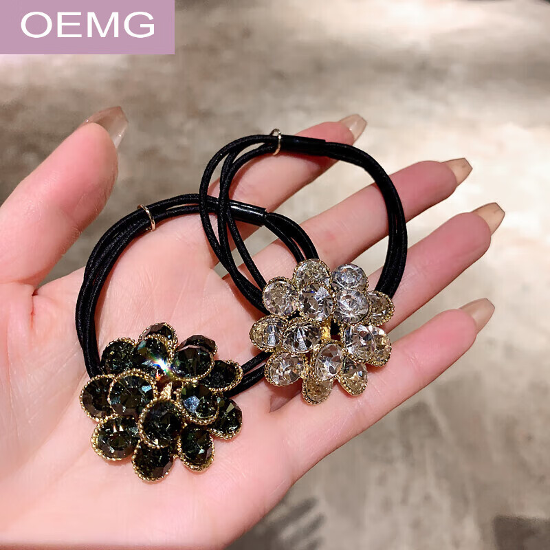 OEMG韓國新款花朵捷克鉆發(fā)發(fā)繩網(wǎng)紅氣質百搭丸子頭馬尾皮筋發(fā)飾 銀白色+銀黑色