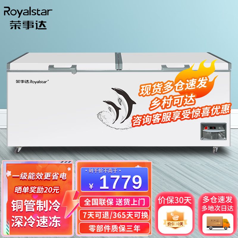 荣事达（Royalstar）冰柜商用大容量家用冷藏冷冻转换双门冷冻柜双开门展示柜雪糕柜卧式冷柜 818单温铜管 一级能效/电子温控