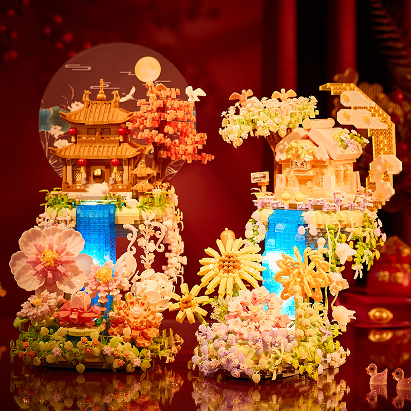 中国风古代建筑十级难度拼装男女孩系 浪漫花屋2款荷塘月色 月亮花坊