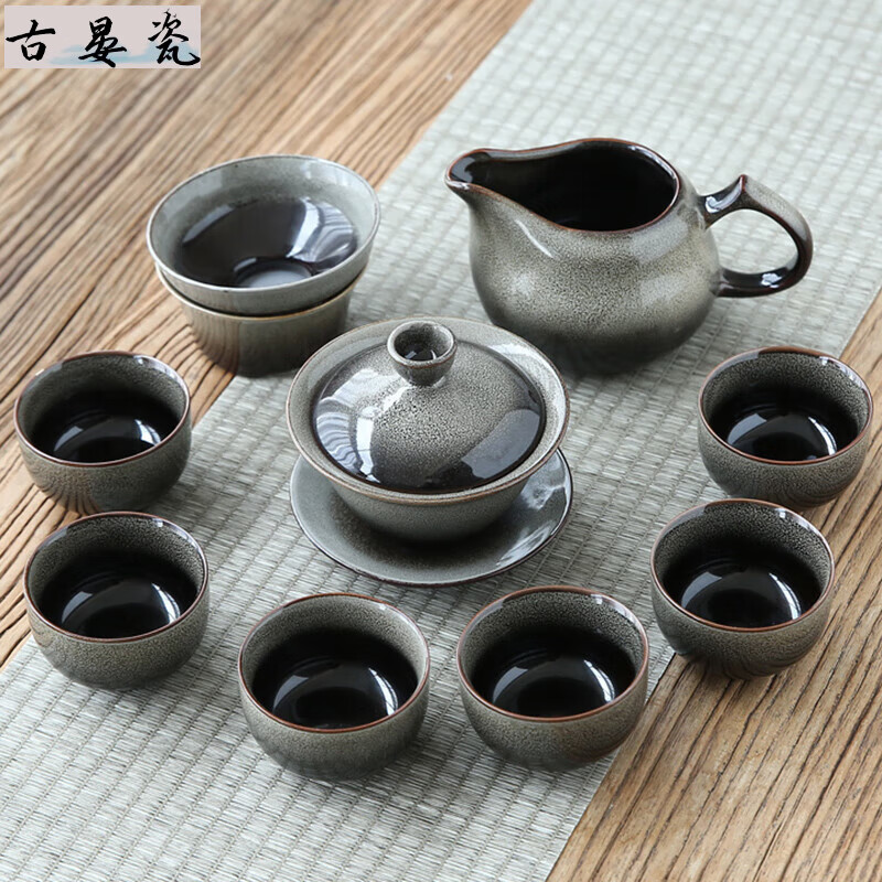 古晏瓷窯變功夫茶具套裝家用客廳輕奢陶瓷辦公室會(huì)客泡茶壺茶杯蓋碗整套 窯變白10頭蓋碗套組（簡(jiǎn)裝）