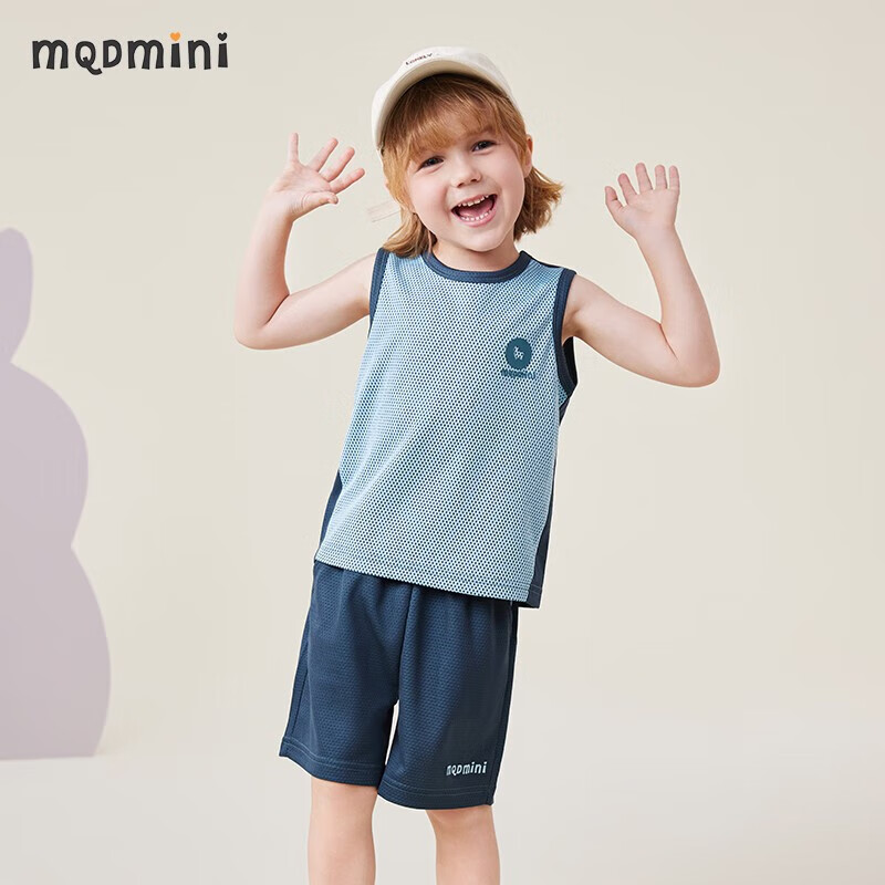 MQDMINI童装儿童套装男童短袖短裤两件套中小童运动服夏装宝宝 双面网眼套装蓝色 120