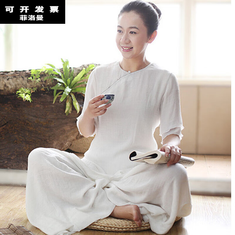 佛教女居士服装夏季打坐佛系茶禅服女棉麻禅修禅意居士服中式盘扣两件