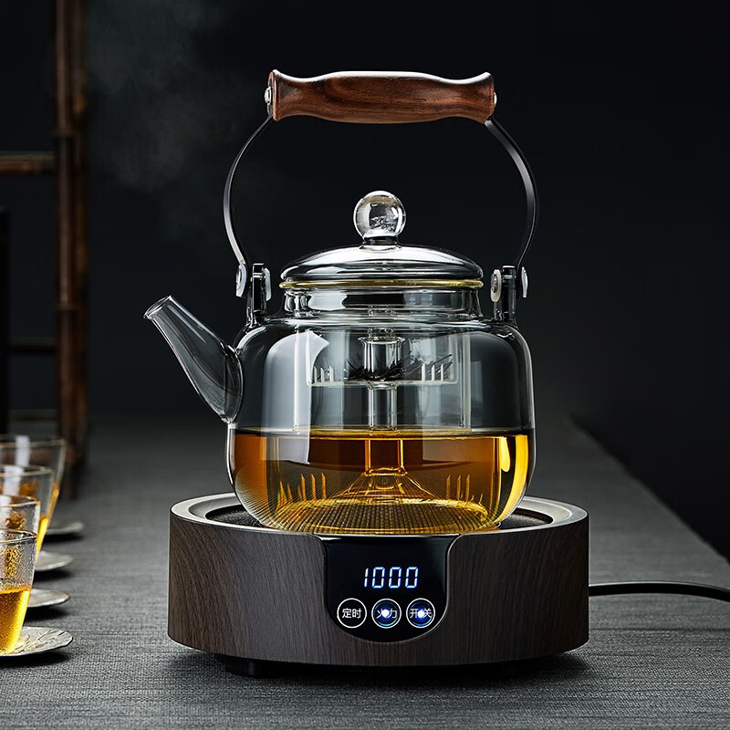 美斯尼  煮茶器玻璃蒸煮一体茶壶墨色玻璃蒸茶器提梁壶泡茶壶功夫茶具 壶+木纹电陶炉
