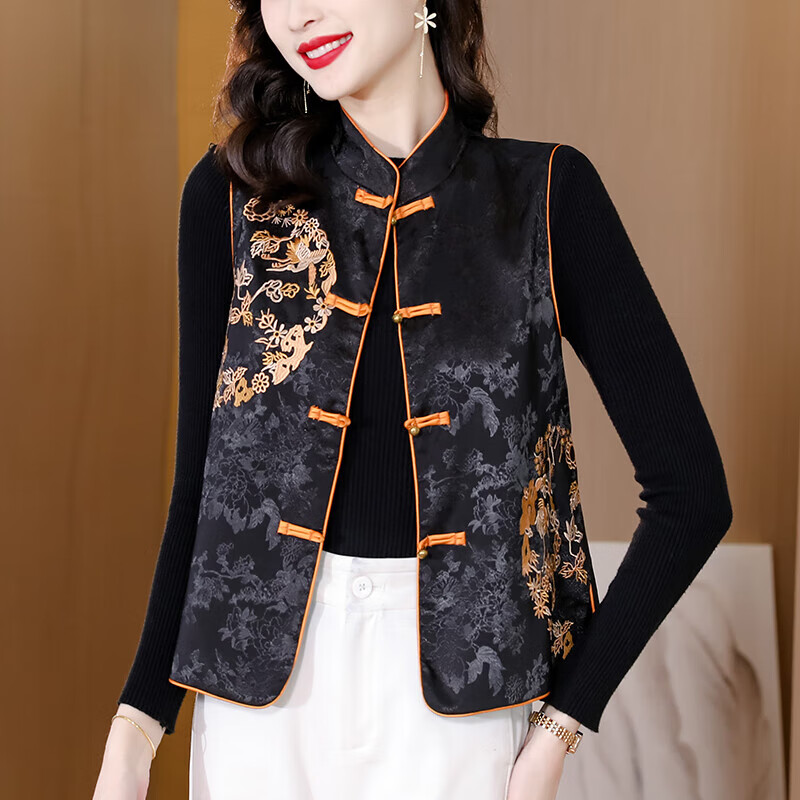 中式旗袍秋冬马甲唐装背心香云纱式上衣女秋装新款复古妈妈中国风刺绣短款坎肩外套 黑色 L