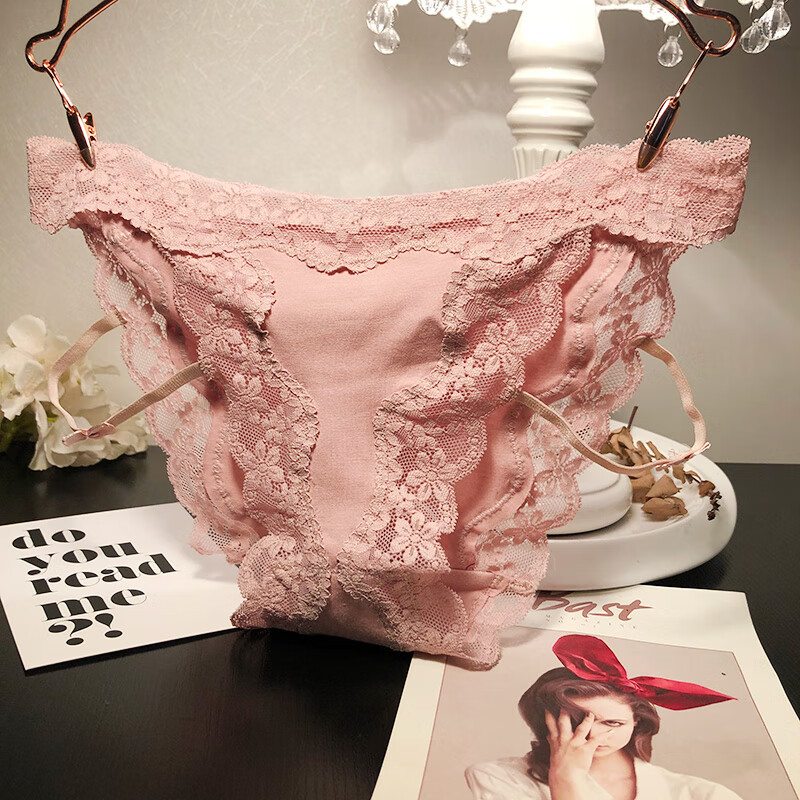 棉质面料性感蕾丝边内裤女甜美可爱低腰舒适诱惑细绑带三角裤 粉色
