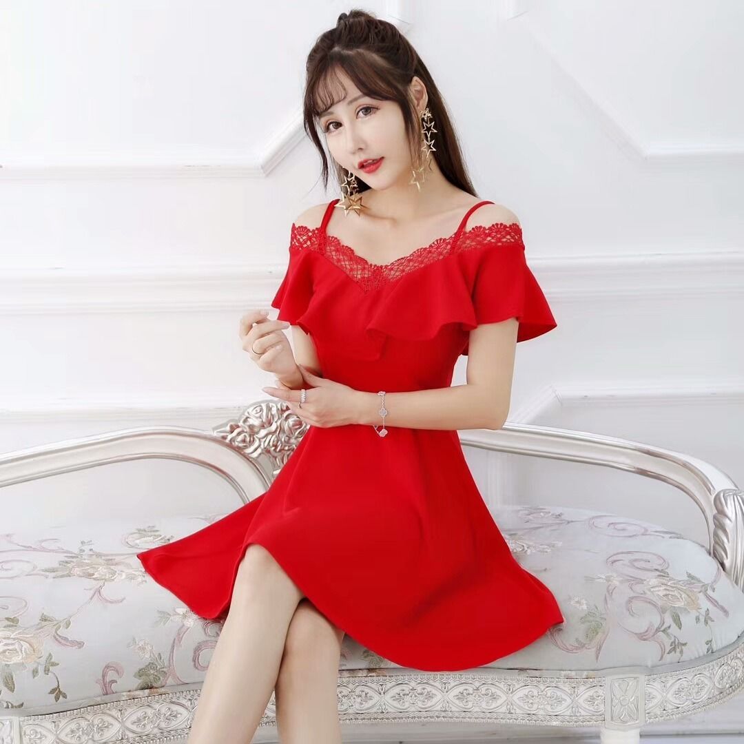 性感吊带连衣裙2024新款夏季露肩低胸小姐工作服桑拿技师服装sn6 红色