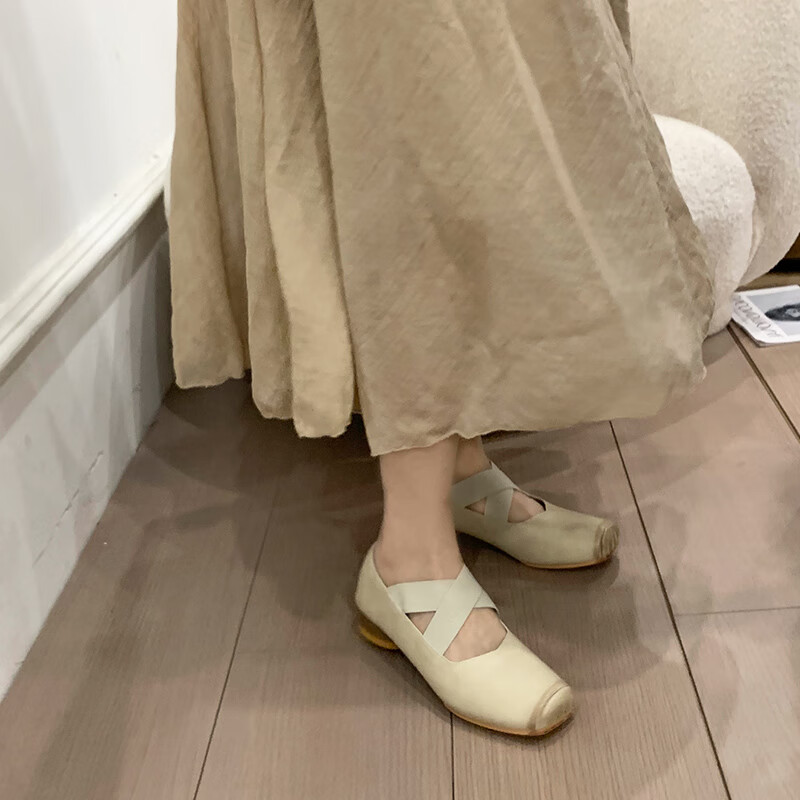 木西十方头单鞋女ocean one方头芭蕾舞鞋女复古绑带单鞋仙女温柔猪