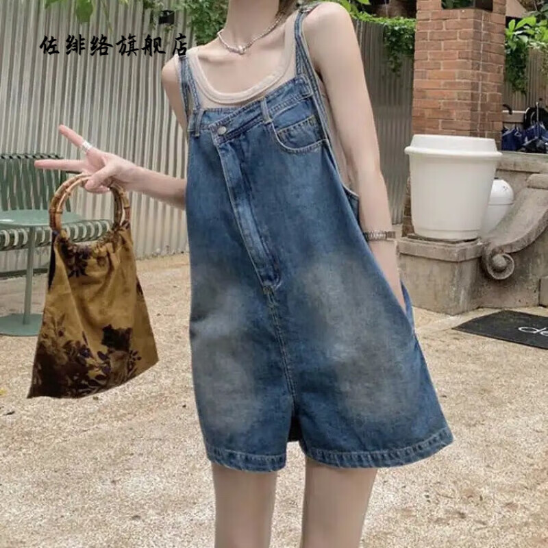 佐緋絡(luò)不規(guī)則復(fù)古吊帶牛仔闊腿短褲女夏季寬松顯瘦高腰直筒背帶褲女 做舊藍(lán)色 S [建議80-95斤]