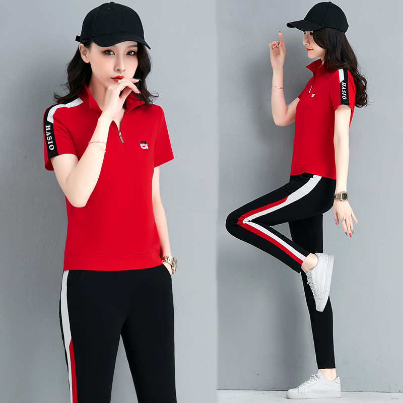 运动套装男女短袖长裤情侣休闲运动服套装跑步健身套装棉 女款红色