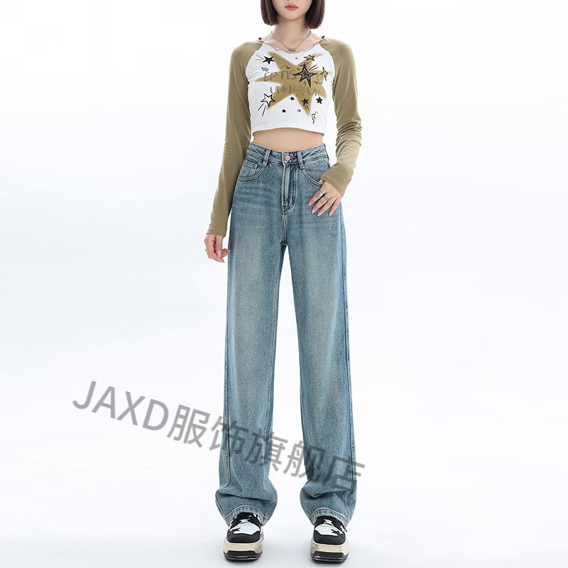 JAXD未羽加绒牛仔裤女高腰显瘦宽松百搭垂感拖地6416。 浅蓝九分(单裤) XS75-88斤