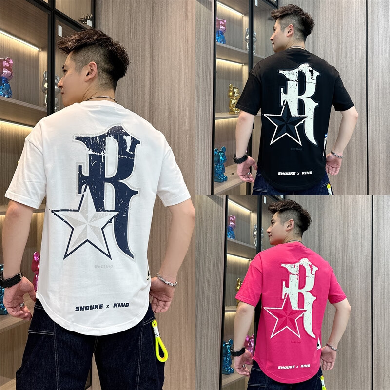 zh陈火火男装穿搭夏季新款燕尾圆领宽松潮流印花短袖t恤 黑色 m码100