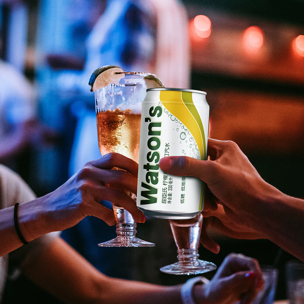 屈臣氏(Watsons)苏打水柠檬草味低糖0脂低卡饮料330mL*24罐整箱JOJO联名