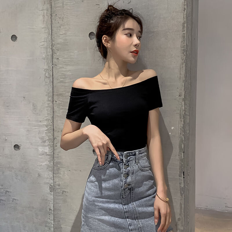 身材女士短袖t恤一字肩露t恤女修身夏季一字领 黑色 【】 s 贴身款式