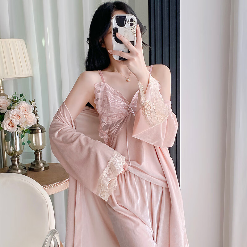 萧淑妃金丝绒睡衣女秋冬季带胸垫V领性感纯欲风吊带保暖家居服三件套装 胭脂粉 L