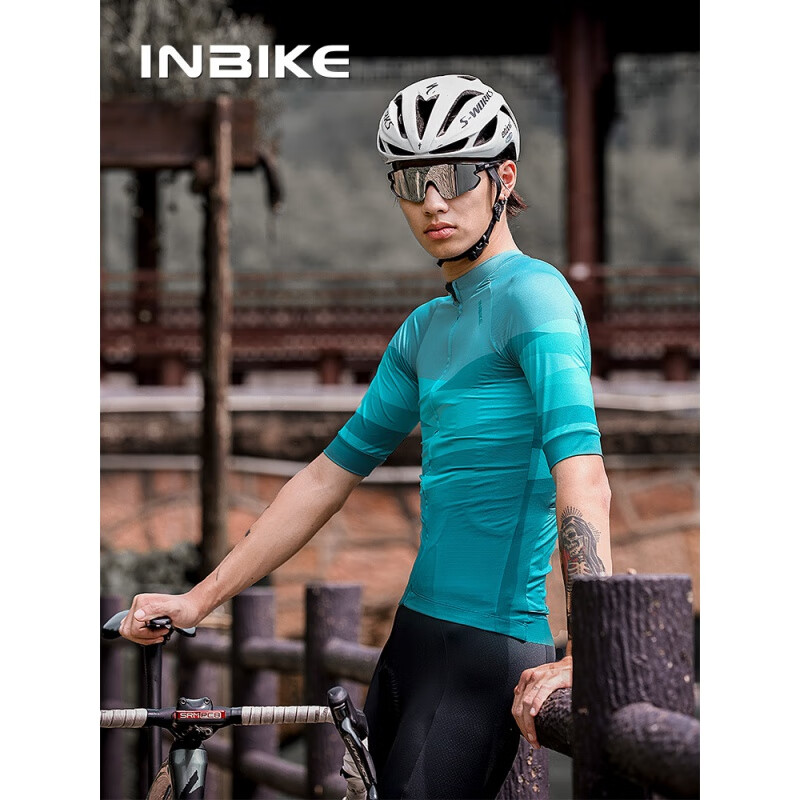 兰帕达（LAMBDA）新款夏季自行车骑行短袖男款丹霞系列透气快干骑行短袖服饰 几何绿 L