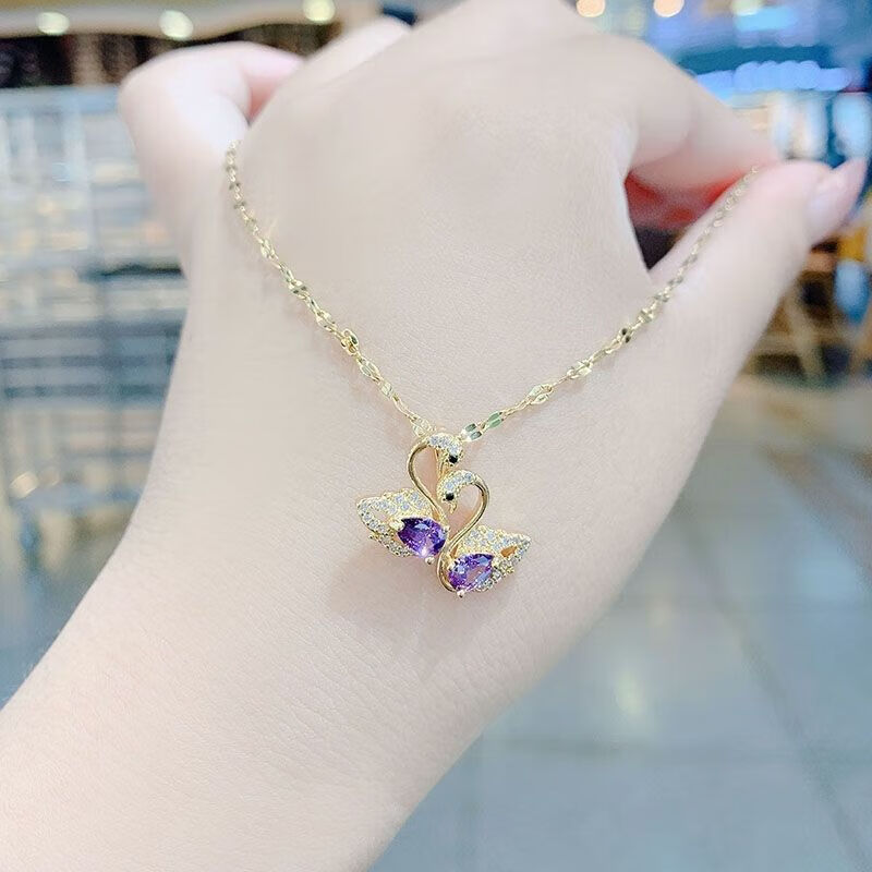 诗筠（SHIJUN）紫水晶项链高端吊坠生日礼物天鹅女钛钢不掉色网红气质简约轻奢百 钛钢紫水晶双天鹅项链