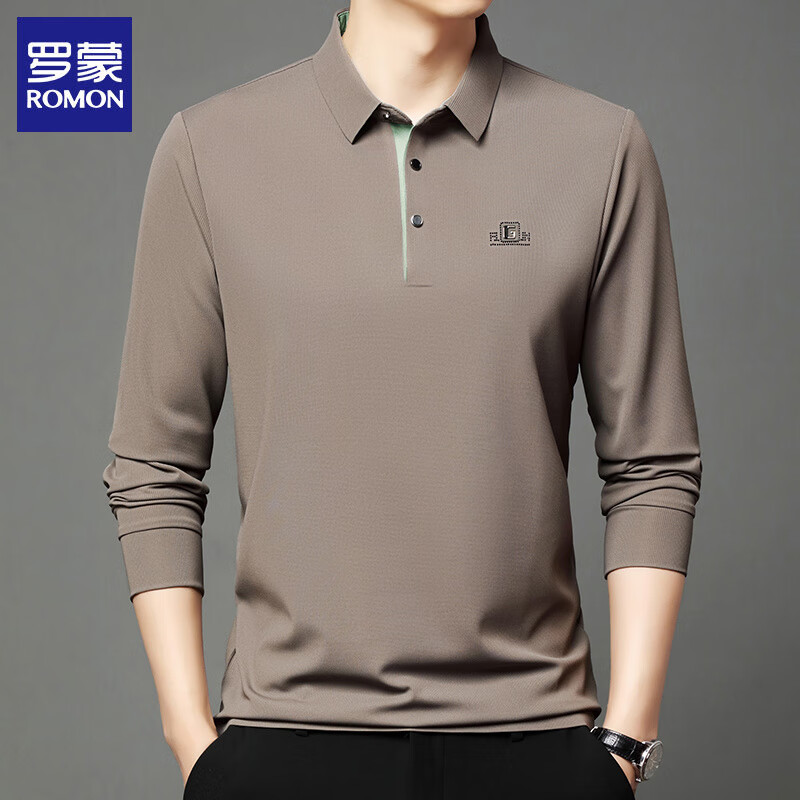 罗蒙（ROMON）长袖t恤男2026春季新款商务休闲宽松大码翻领上衣打底衫男 卡其 XL