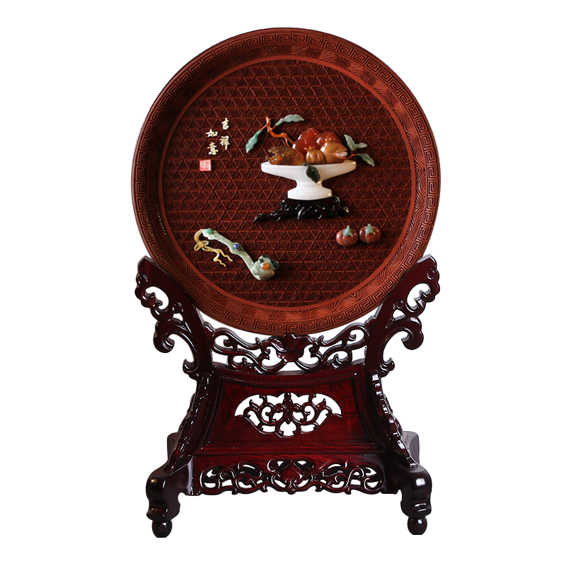 漆花（qihua）揚州漆器廠(chǎng)手工雕漆玉石鑲嵌裝飾擺件中國風(fēng)送男友男士父親禮物 吉祥如意