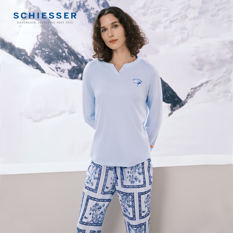 舒雅（Schiesser）女士圆领60S棉莫代尔青花瓷印花睡衣长袖长裤家居服套装E1/23203H 浅蓝 2XL