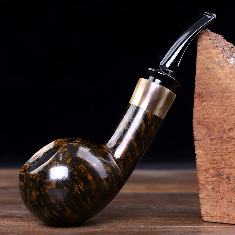 手工牛角军插苹果空腔烟斗红坎男士老式实木烟袋锅 黄金对比色黑坎