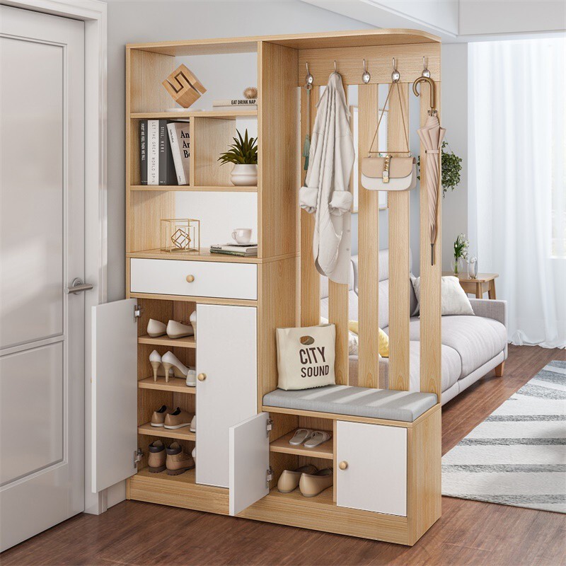 蔓斯菲尔（MSFE） 客厅隔断柜酒柜简约现代进门门厅玄关置物大容量仿实木鞋架 橡胶木色+白（靠左120x34x180CM)