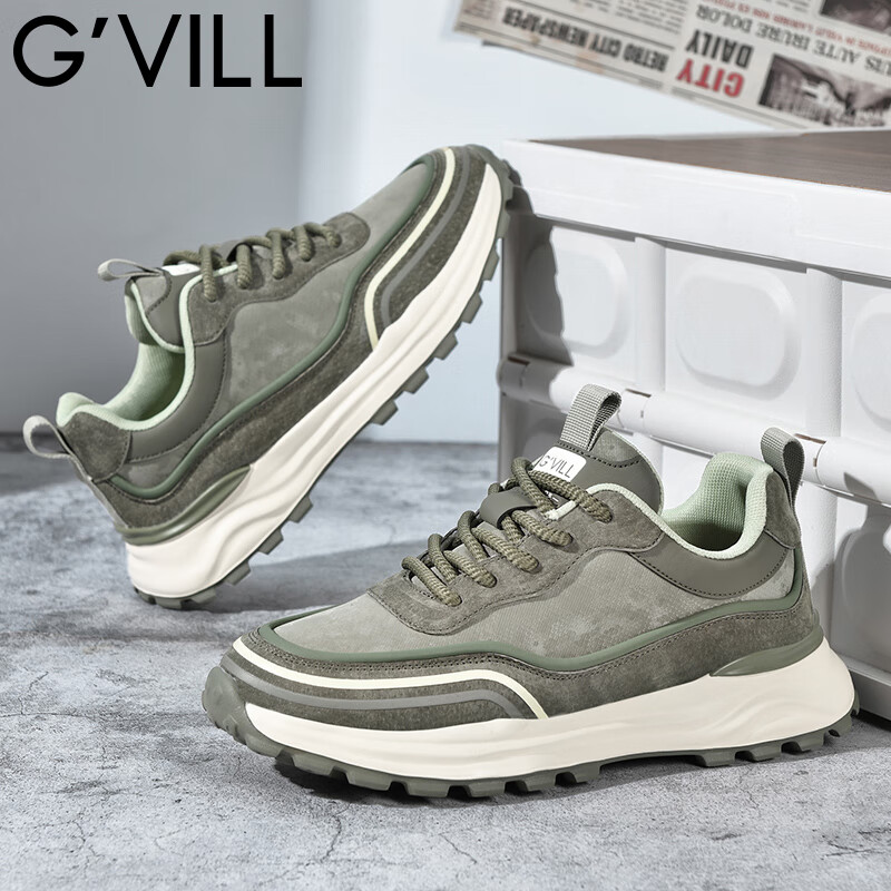 贵之步秋冬季复古男鞋软底新款休闲鞋增高缓震厚底防滑舒适运动鞋男款 豆绿 G005 43 （运动鞋码）