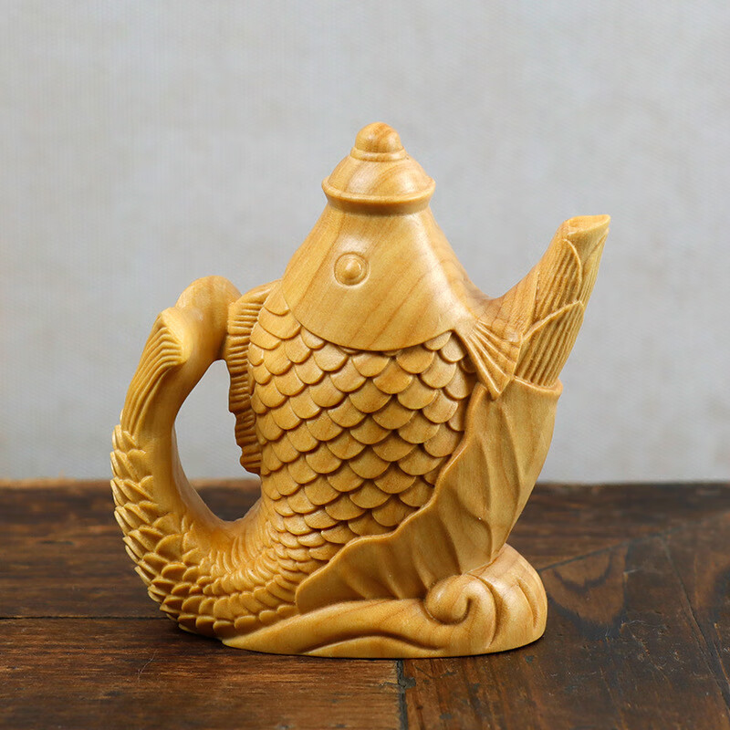 黄杨木雕文玩手把件鱼壶茶壶木质家居装饰工艺品摆件年年有余 鱼壶