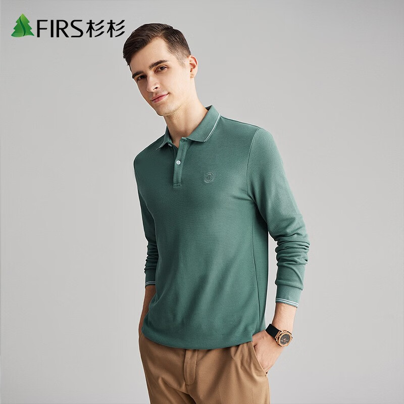 杉杉【純棉】長(zhǎng)袖T恤男春秋新款上衣休閑polo衣服中年套頭打底衫男裝 灰綠 L (175/92A)