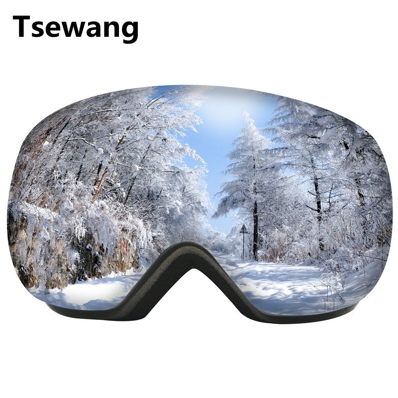 Tsewang 专业滑雪镜 防紫外线双层防雾可卡近视镜 无框大球面镜 滑雪护目镜单板双板滑雪眼镜 黑框水银片 Pro版（送护脸）