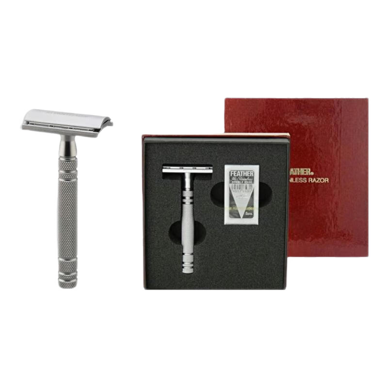 羽毛FEATHER老式復(fù)古手動剃須刀 送父親送男友禮物雙刃安全剃須刀禮盒套裝AS-D2（鋼制手柄無底座） 1刀架+5刀片