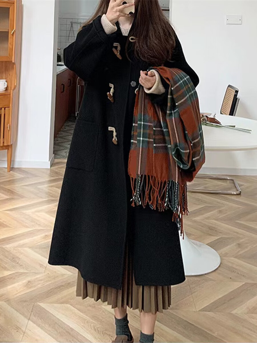 romdink黑色牛角扣双面羊绒大衣女高级感2024秋冬新款森系毛呢子大衣