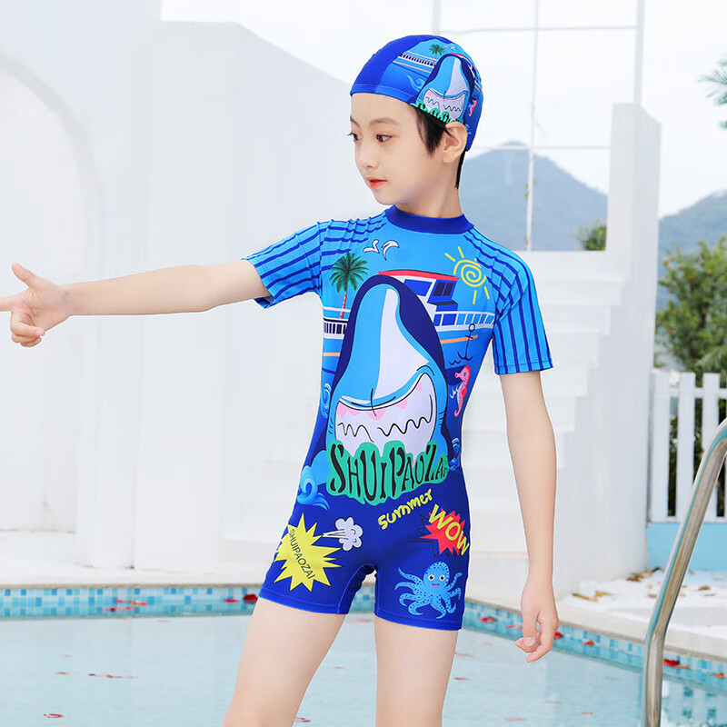 珏珏鸭3-9岁儿童卡通泳衣男童连体款带帽游泳套装小男孩游泳裤温泉