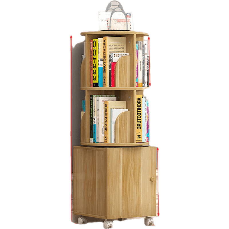 鑫恩理  旋转书架落地 置物架移动圆形带轮学生收纳架落地省空间 暖白-一层带柜(带轮)