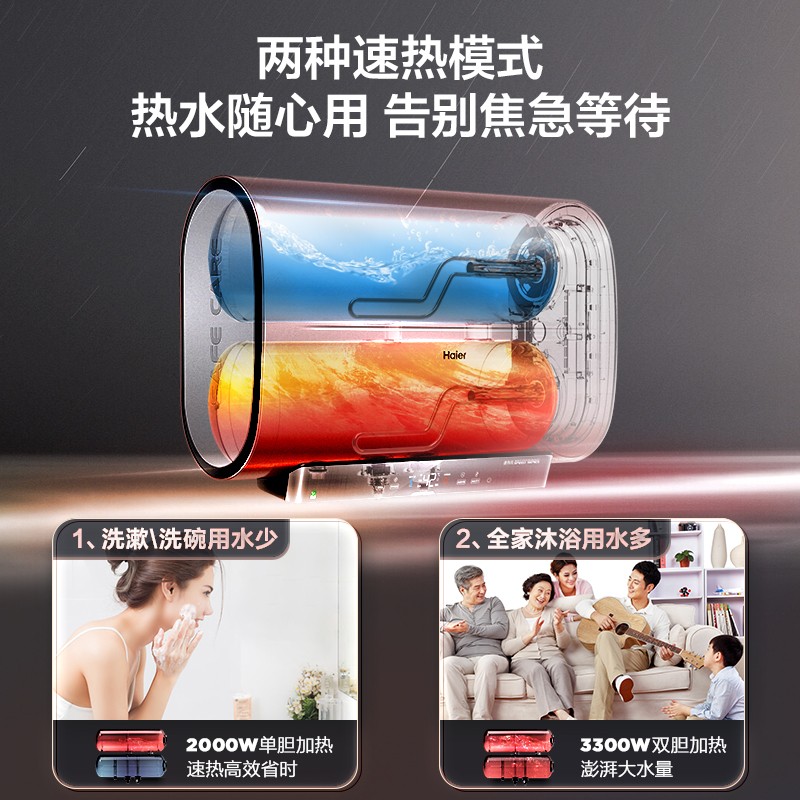 海尔（Haier）出水量超50升家用电热水器3300W速热超薄双胆镁棒免换灭菌一级能效EC5003-BOOK(U1)空间大师