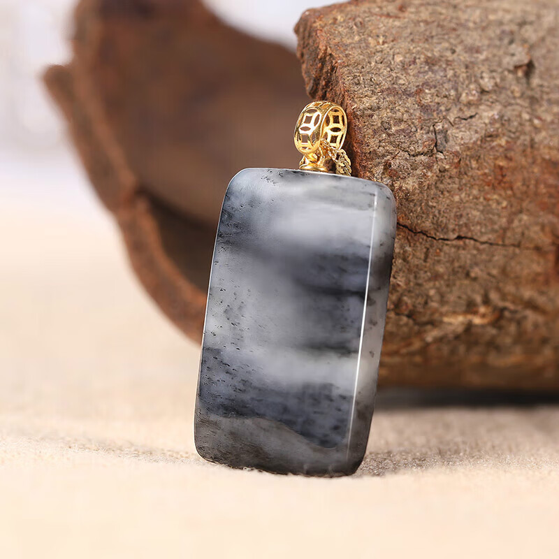 仙来阁烟紫玉平安无事牌女款18k金镶和田玉吊坠烟紫小方牌项链玉坠