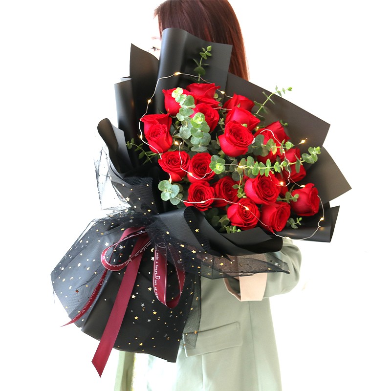 红玫瑰混搭花束同城配送送女友生日礼物 【爱你久久】19朵红玫瑰花束
