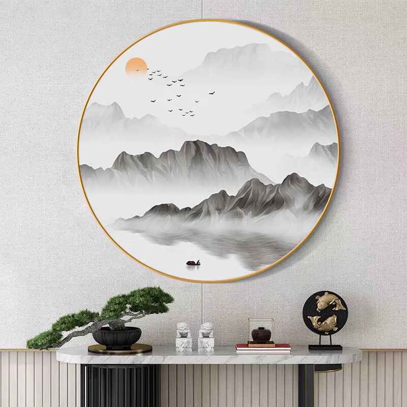 oqb新款墨轩子禅画新中式玄关装饰圆形山水画客厅沙发背景墙壁画水墨