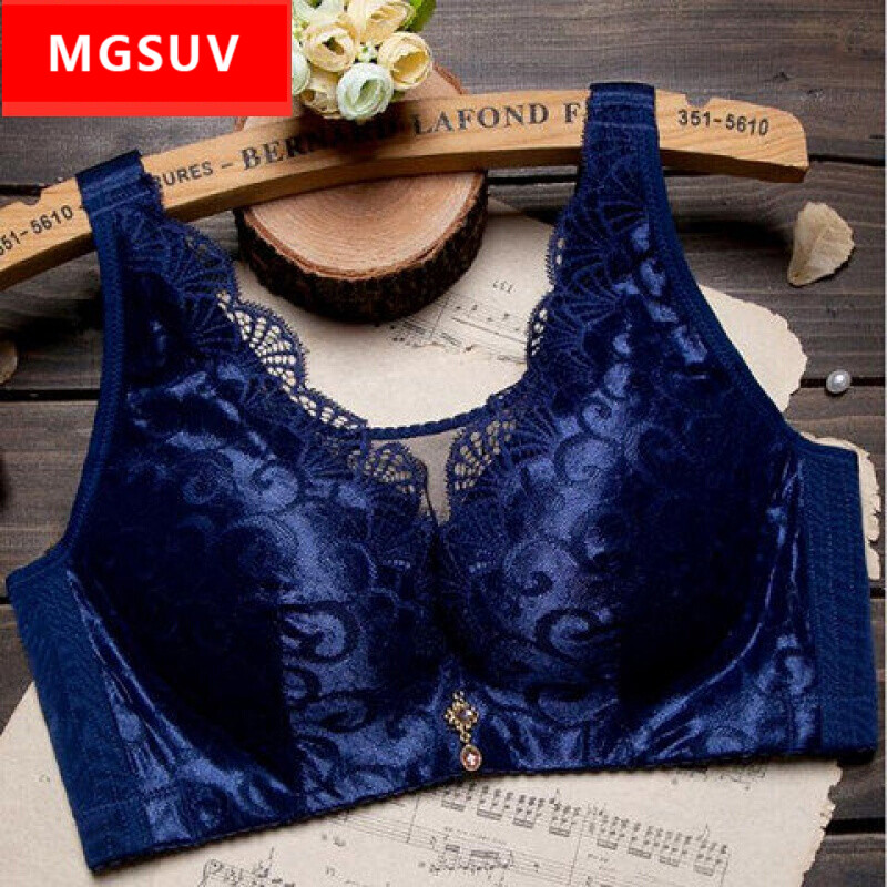 女士性感蕾丝深v聚拢内衣全罩杯薄杯大码文胸 防走光 宝蓝色 34/75b