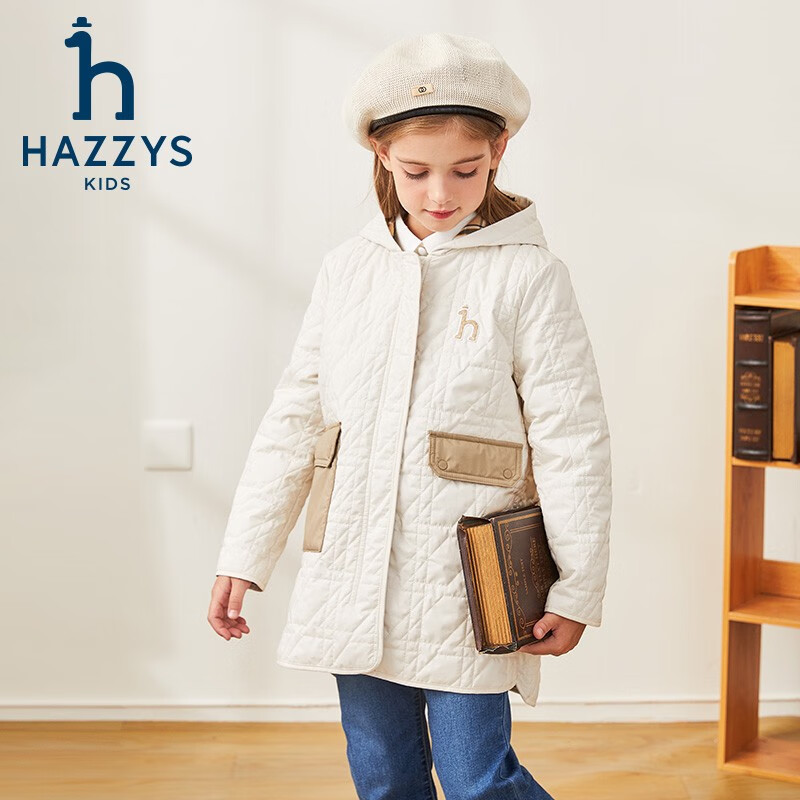 哈吉斯(HAZZYS)品牌童装男女童棉服冬新品舒适柔软防风透湿弹力连帽棉服 奶油色 155