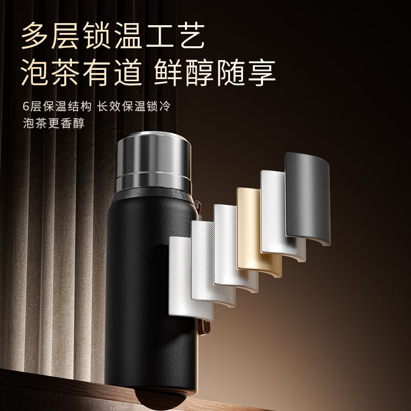 恩尔美保温杯大容量陶瓷内胆男士闷泡茶水分离杯便携商务办公车载水杯子 商务黑1000ml【陶瓷内胆+双饮】