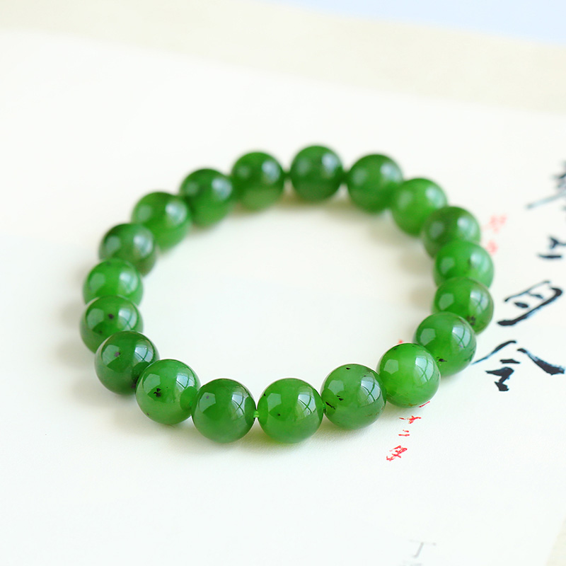 昆玉谣和田玉碧玉菠菜绿手链女款老料圆珠单圈手串礼品珠宝玉石 纯净