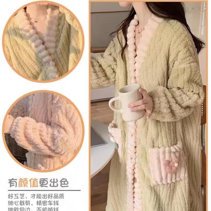 宝娜斯珊瑚绒睡衣女冬季加厚加绒卡通少女草莓小熊睡袍长款睡裙 小花睡袍-粉色 均码(适合80-160斤)