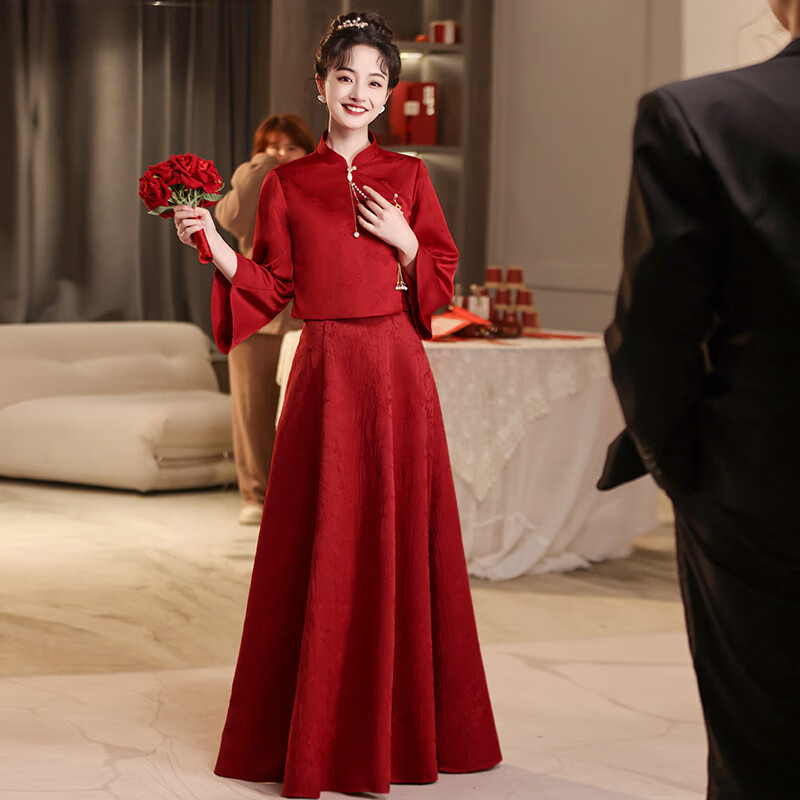 三梦茴2024红色敬酒服新娘旗袍出阁装结婚当天便装回门新中式订婚礼服