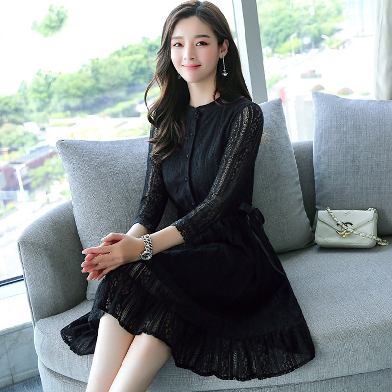 雷丝女裙秋季蕾丝连衣裙子女装春秋装2020年新款长袖腰带打底 黑色 s
