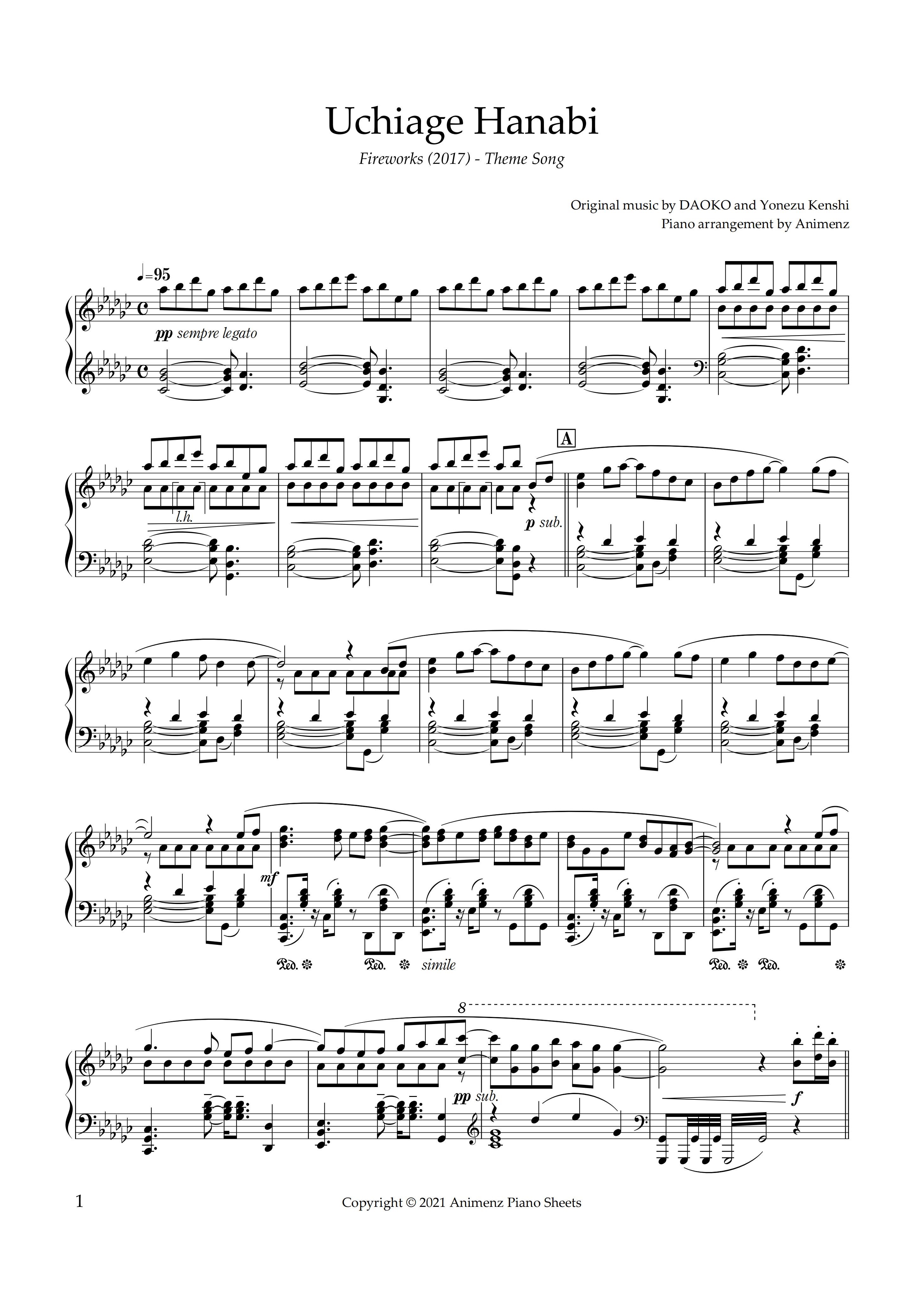 a叔 原谱 uchiage hanabi打上花火 钢琴谱 animenz演奏钢琴谱